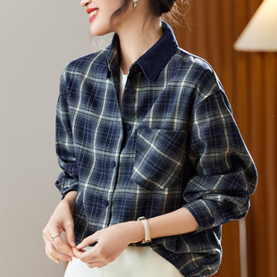春秋款纯棉美式复古黑白格子衬衫女款宽松中长款韩版磨毛情侣外套