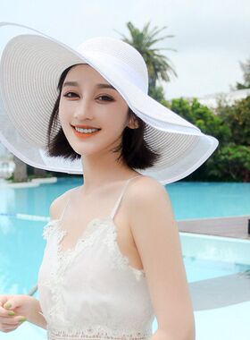 甬制春季防晒遮阳帽海边女薄款沙滩帽子大帽檐白色太阳帽草帽度假