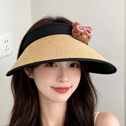 空顶猫咪防晒帽女夏防紫外线大帽檐沙滩遮阳草帽骑车遮脸太阳帽子