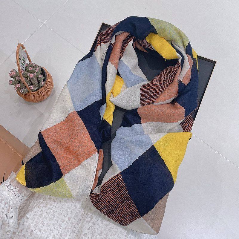 甬制高档90cm棉麻披肩长款*时尚印花女格子180四季新款款减龄2023