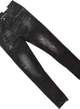 男士秋冬季修身高弹黑色复古水洗牛仔裤磨毛厚型韩版SLIM小脚裤