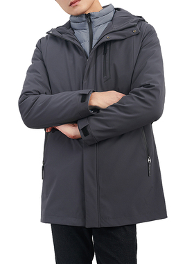 男士休闲型2合1可脱卸90绒羽绒内胆冲锋衣防风防水中长款连帽风衣