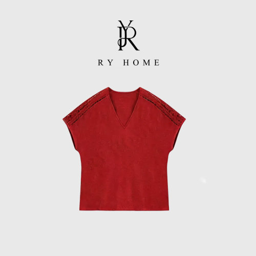 RYHOME 容雨亚麻+莱赛尔蕾丝设计V领短袖T恤252T2053