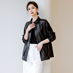 海宁头层真皮绵羊皮外套2026春秋新款 休闲百搭皮衣女 宽松方领韩版