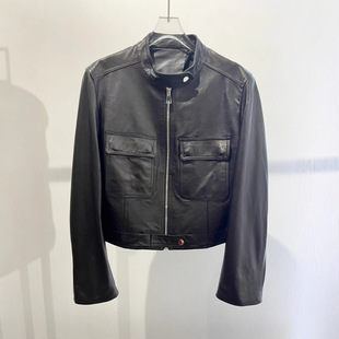 海宁绵羊皮真皮夹克外套2025春秋新款短款时髦立领黑色显瘦皮衣女