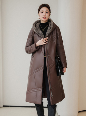 海宁真皮绵羊皮鹅绒羽绒服中长外套2025冬季新款连帽水貂毛领皮衣