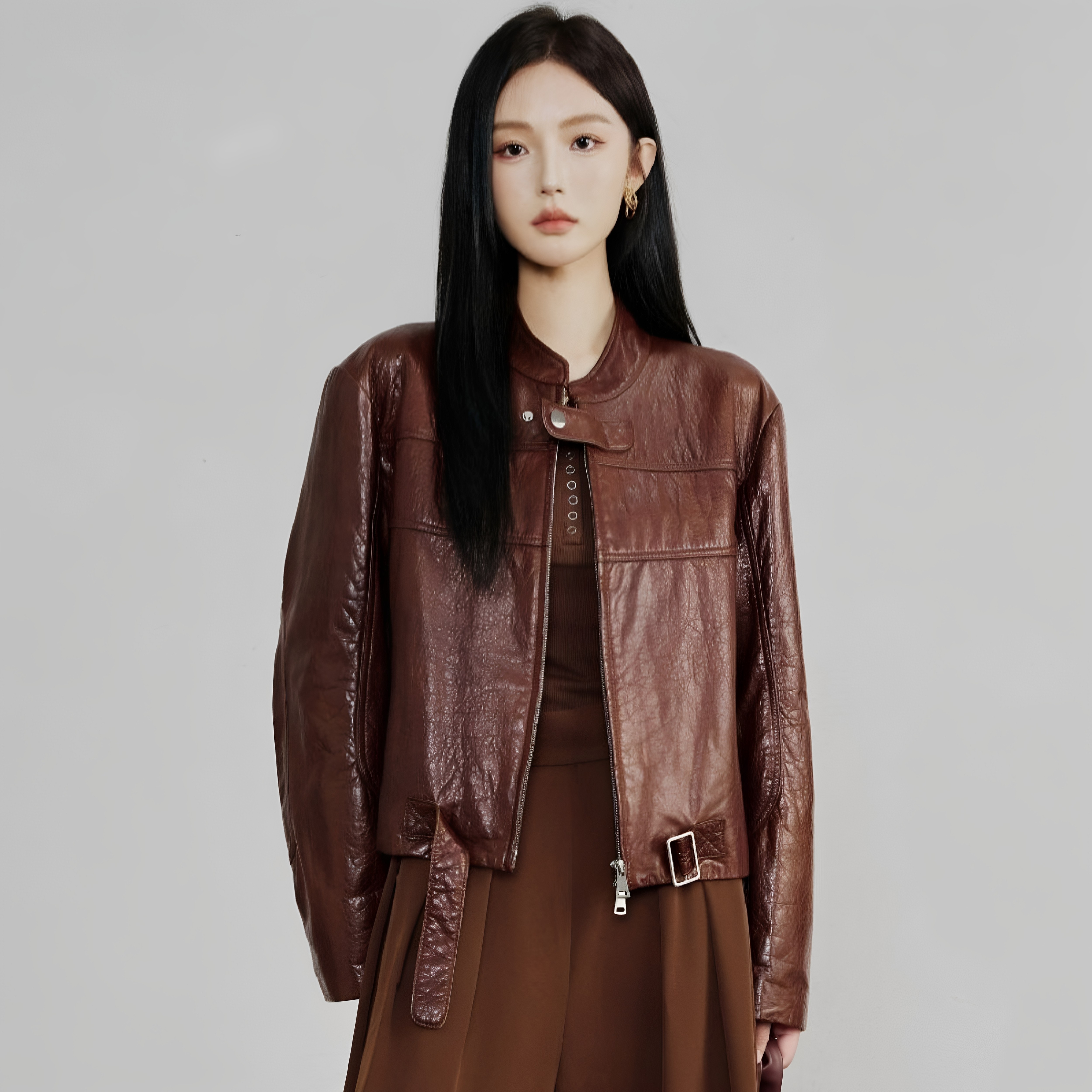 焦糖色真皮绵羊皮外套短款皮衣女