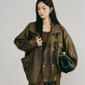 海宁进口自然泡感真皮绵羊皮双层翻领夹克2025秋季 新宽松皮衣外套