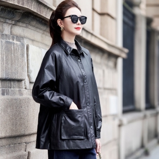 海宁真皮绵羊皮90鹅绒无缝羽绒服宽松皮衣2025秋冬新款 大口袋外套