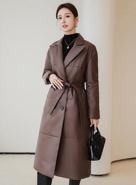 海宁真皮鹅绒羽绒服2025年秋冬新款西装领绑带修身长款皮衣外套女