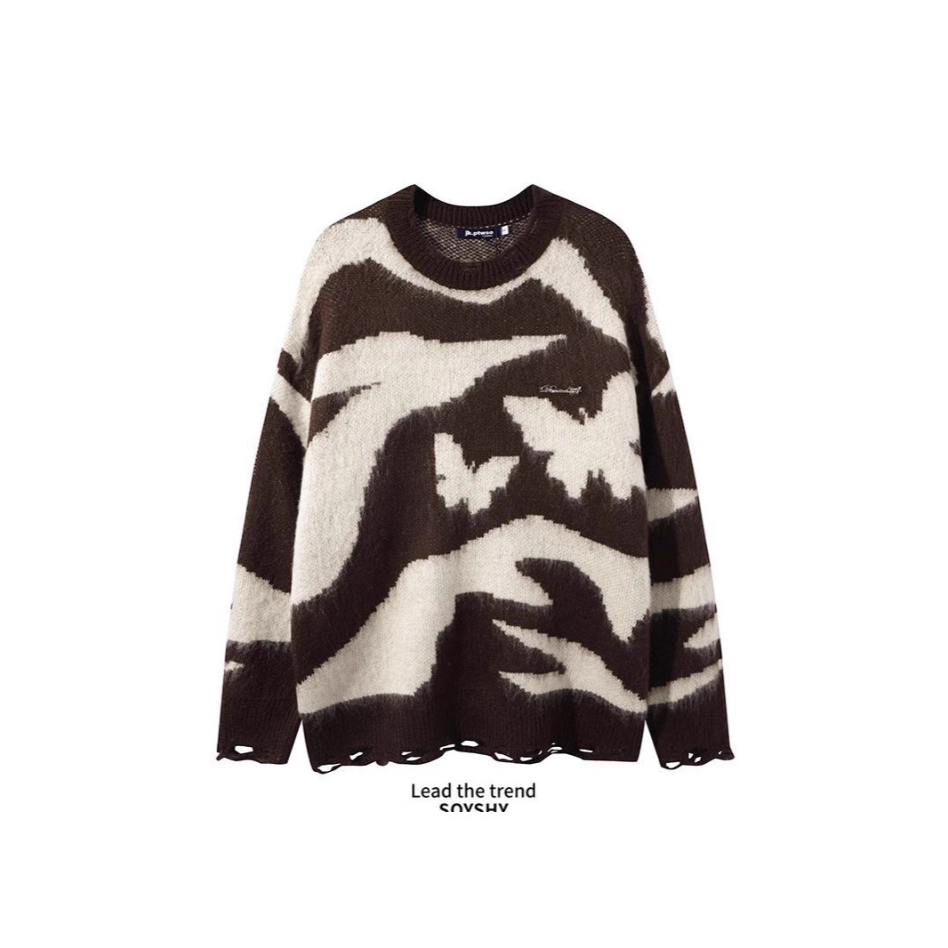 美式复古提花蝴蝶破洞毛衣女2025秋冬潮牌宽松慵懒风鹿毛绒针织衫