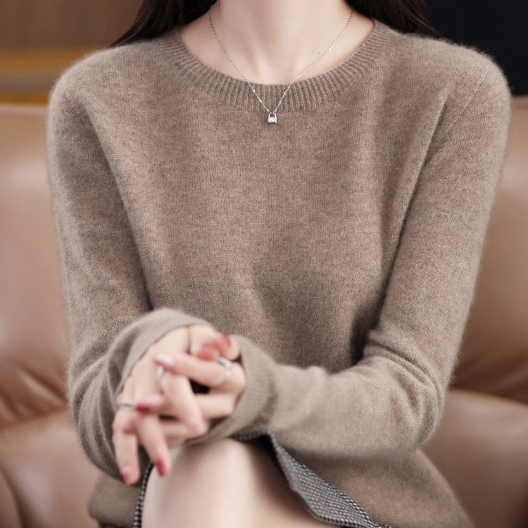 羊毛衫女纯色圆领23新款长袖无缝针织一线成衣羊毛毛衣内搭打底衫