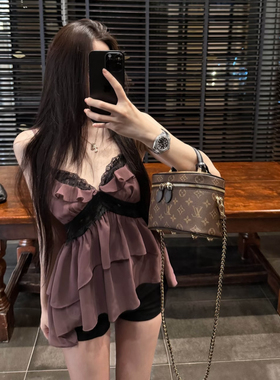 纯欲性感V领蕾丝拼接紫色吊带背心女2025夏季荷叶边修身雪纺上衣
