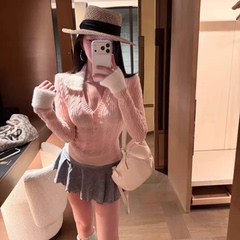 十三行2025秋冬拼接假两件麻花v领长袖针织衫女修身内搭打底上衣