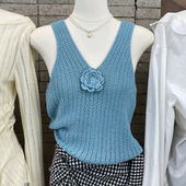 十三行2025春夏新款 V领针织立体花朵设计感纯色无袖 吊带背心上衣