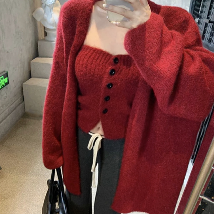 2025秋冬新款圣诞新年抹胸排扣内搭红色毛衣外套两件套慵懒风上衣
