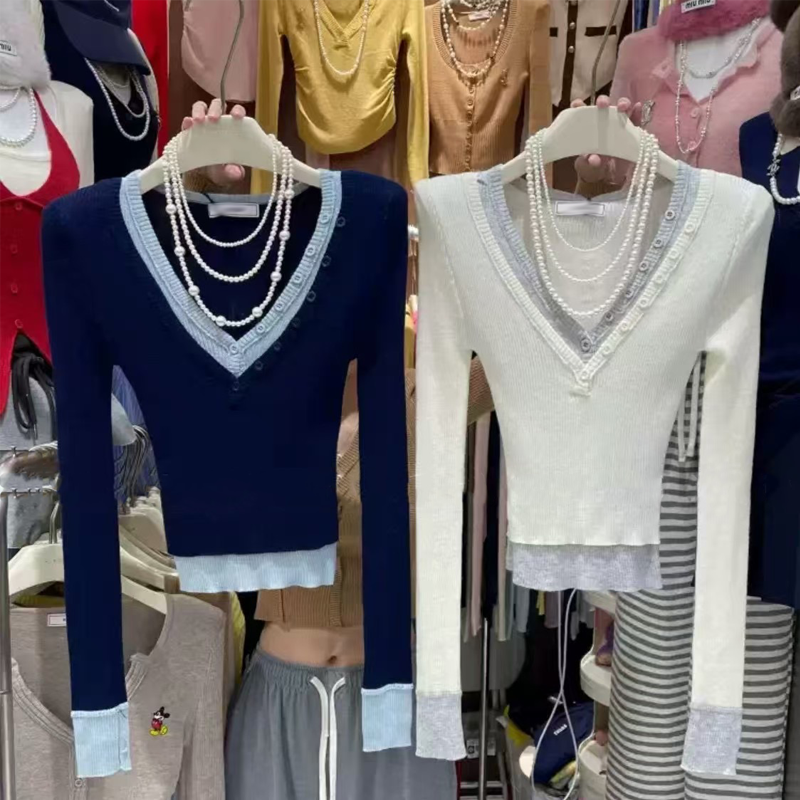 V领撞色假两件短款针织衫上衣女