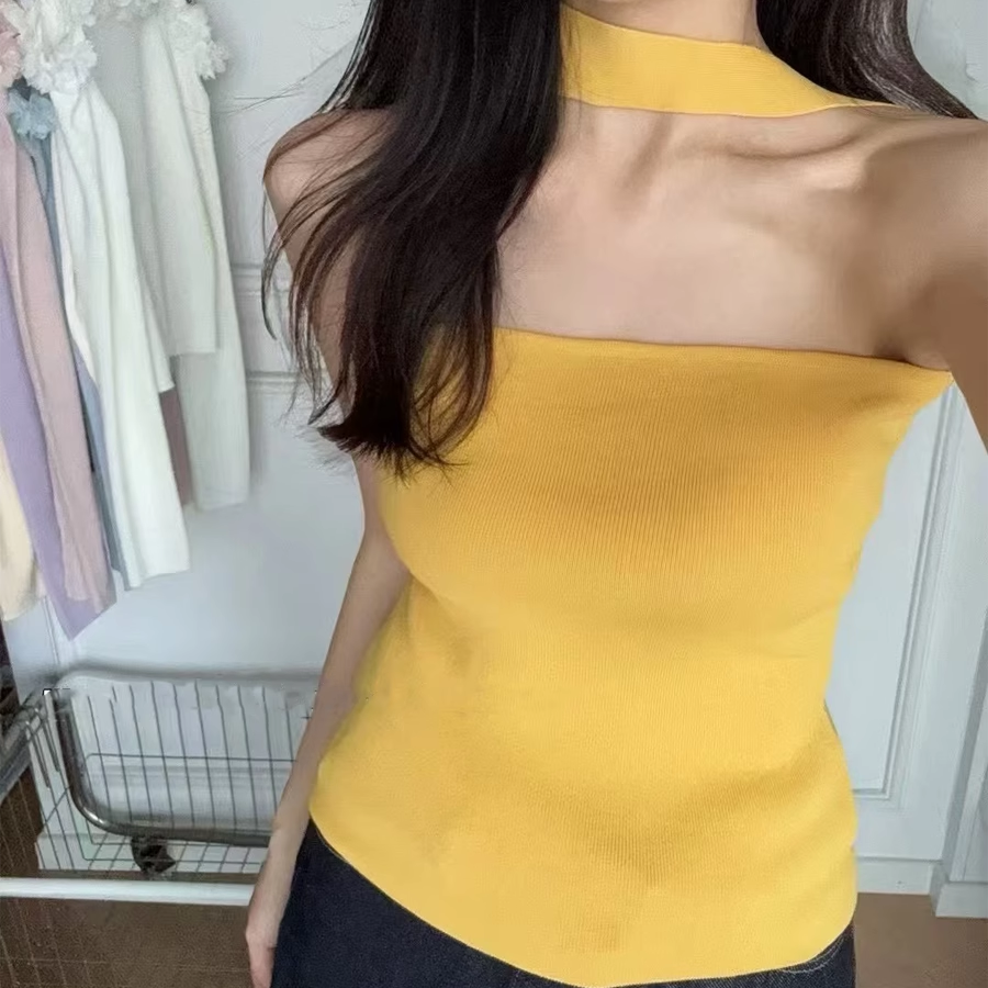 纯欲风绑带针织衫挂脖抹胸背心女