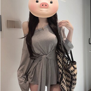 韩版2025春夏新款慵懒风宽松显瘦松弛感上衣斜肩系带掐腰T恤长袖