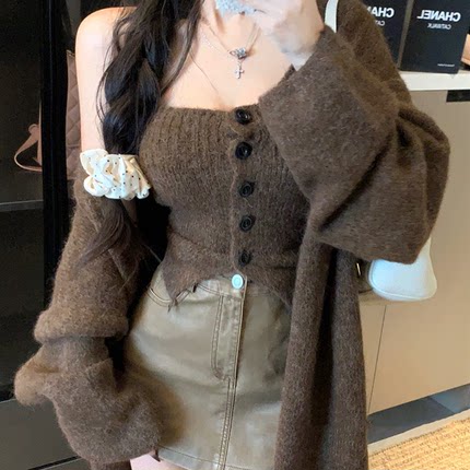 韩版2025秋冬新款抹胸排扣打底衫外搭毛衣外套两件套慵懒风上衣女