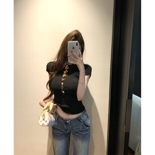 上衣女 设计感镂空花朵黑色圆领针织T恤短袖 纯欲辣妹2025夏季 新款