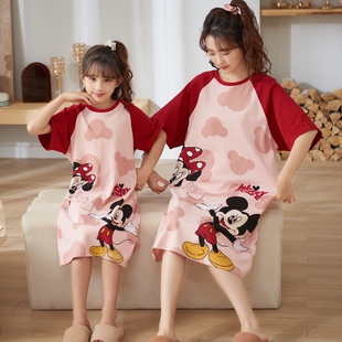 红色米奇睡裙女夏纯棉短袖母女亲子装公主甜美女童3-15岁薄家居服