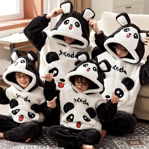2023韩版熊猫珊瑚绒亲子装睡衣母女秋冬卡通男童法兰绒大童家居服