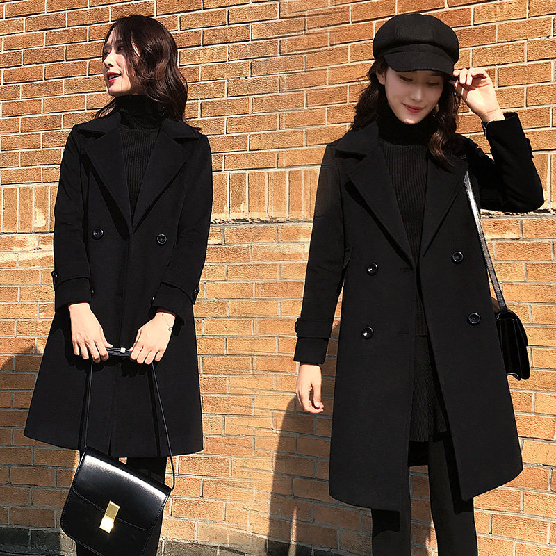 秋冬毛呢外套女中长款小个子加厚气质百搭黑色呢子大衣2020年新款