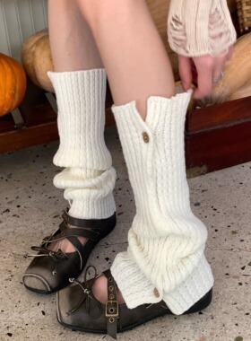 Wuuuus 针织袜套女纽扣开叉阔腿白色堆堆袜日系百搭灰色中筒腿套