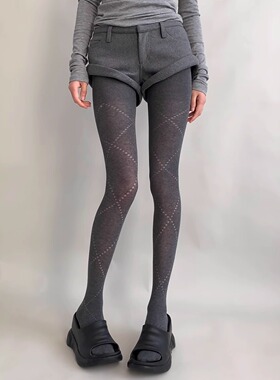 Wuuuus灰色菱格裤袜薄款打底裤袜春秋复古透肉黑色打底裤辣妹显瘦