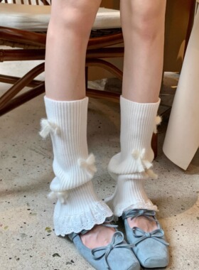 Wuuuus针织袜套女秋冬保暖蝴蝶结蕾丝花边堆堆袜显瘦灰色中筒腿套