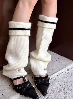 Wuuuus白色腿套女秋冬条纹撞色堆堆袜jk日系搭雪地靴灰色翻边袜套