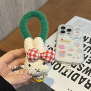 韩系萌趣小兔手机挂绳新款毛绒蝴蝶结挂手腕链条可爱公仔加粗加厚手机壳吊绳结实耐用编织挂链钥匙扣水杯挂饰