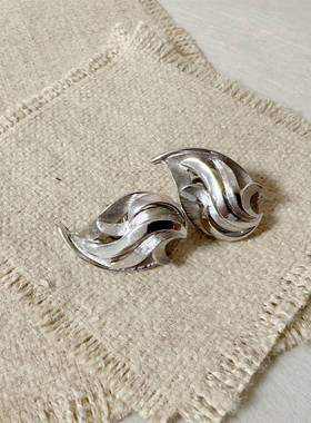 美采现货中古vintage首饰crown TRIFARI质感银色耳夹