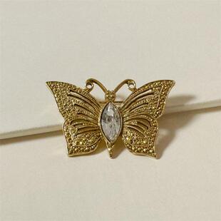 现货vintage中古首饰1928花纹打标质感金色蝴蝶胸针