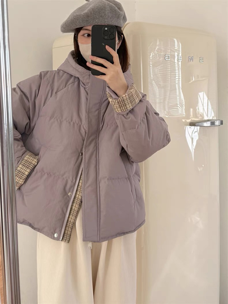 Wuli 24冬韩紫色格纹拼接连帽短款羽绒服女小个子加厚白鸭绒外套