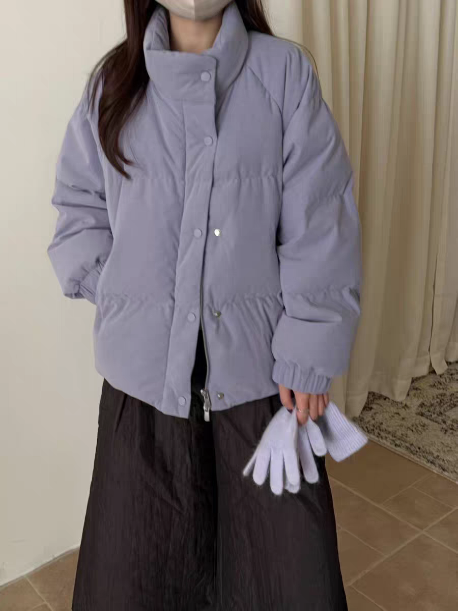 Wuli 25冬季复古紫色立领灯芯绒羽绒服女宽松保暖外套短款面包服