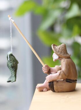 水族装饰树脂人物摆件姜太公钓鱼老翁河边垂钓小渔翁场景道具