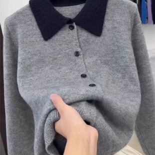 拼接撞色翻领厚款上衣外套女秋冬款洋气减龄显瘦保暖内搭针织开衫