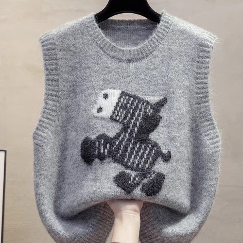 可爱小马提花针织马甲女秋冬外搭套头圆领小背心日系叠穿无袖毛衣