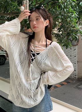 镂空绑带针织衫女春夏2024年新款宽松白色长袖设计感小众别致上衣