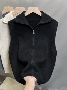 翻领双拉链无袖针织开衫软糯舒适无袖坎肩马甲背心女叠穿上衣外套