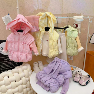 韩国波拉女童加绒加厚连帽马甲儿童秋冬季羽绒棉夹棉蝴蝶结背心潮