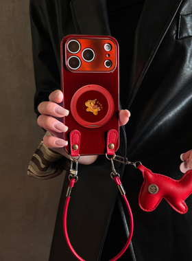 适用于小米17Promax手机壳红色支架金马带挂绳红米K80至尊斜跨60马年全包防摔新款15ultra女12spro外13/14套