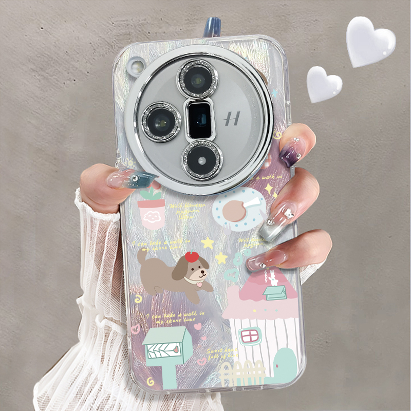 自带镜头膜适用于OPPOFINDx7Ultra手机壳晕染狗狗高级感水钻精孔FINDX6PRO外硅胶全包防摔oppofindx5套新款女