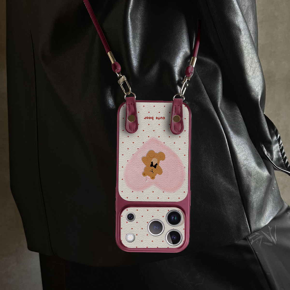 适用苹果18promax手机壳带挂绳磁吸爱心小熊phone16pro套勃艮第红14全包防摔15plus套17高级感12新款女13PRO