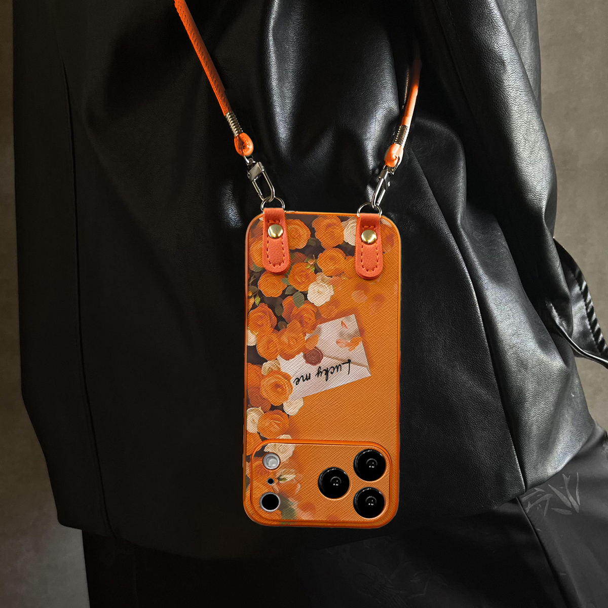 适用于荣耀500Pro手机壳橙底情书华为x70斜跨x40/50全包400防摔90新款女60/70/80套2/300带挂绳magic8/7/6pro