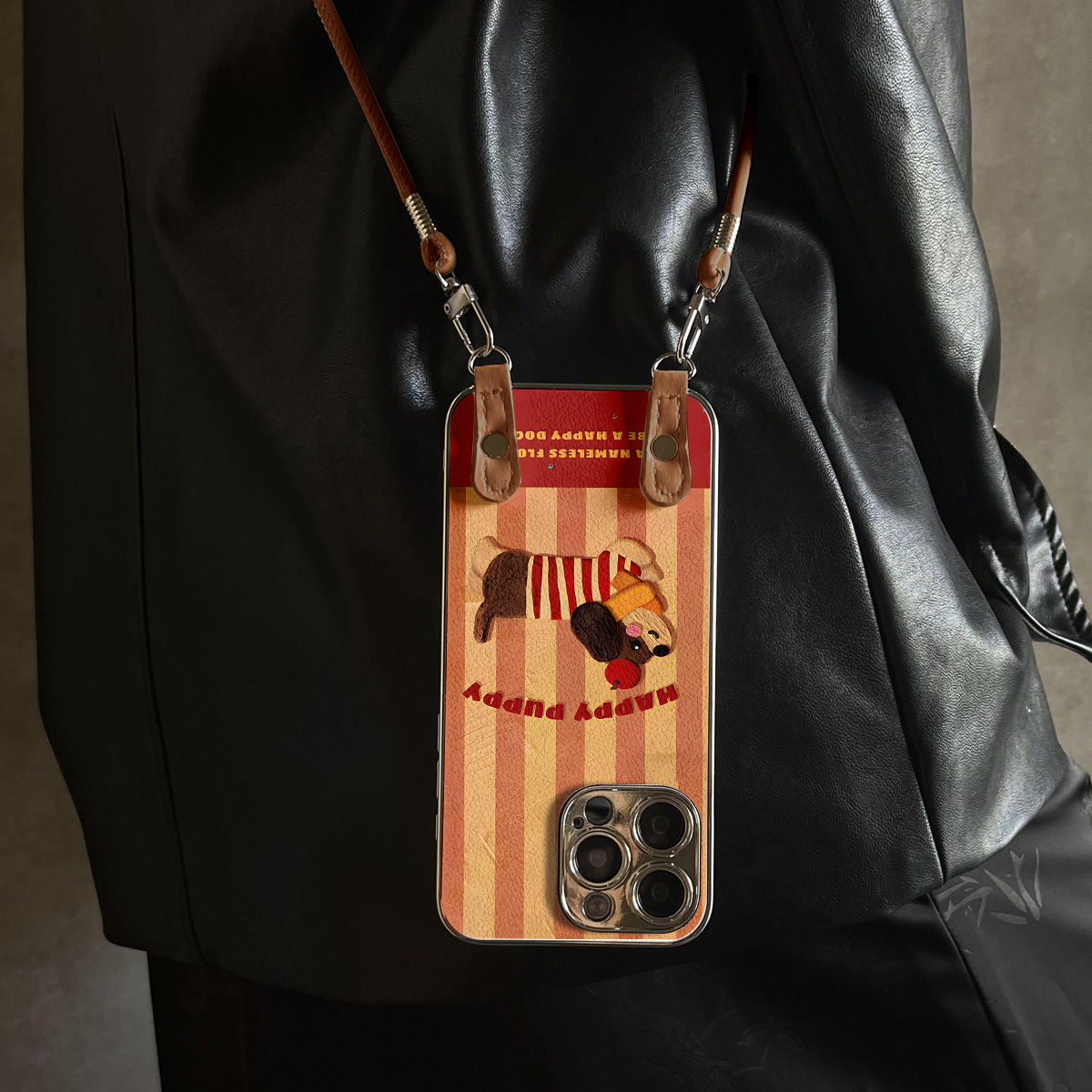 适用于苹果17promax手机壳带挂绳条纹狗狗iphone14/16pro套硅胶xs全包防摔斜跨15ultra套网红11新款xr女13PRO