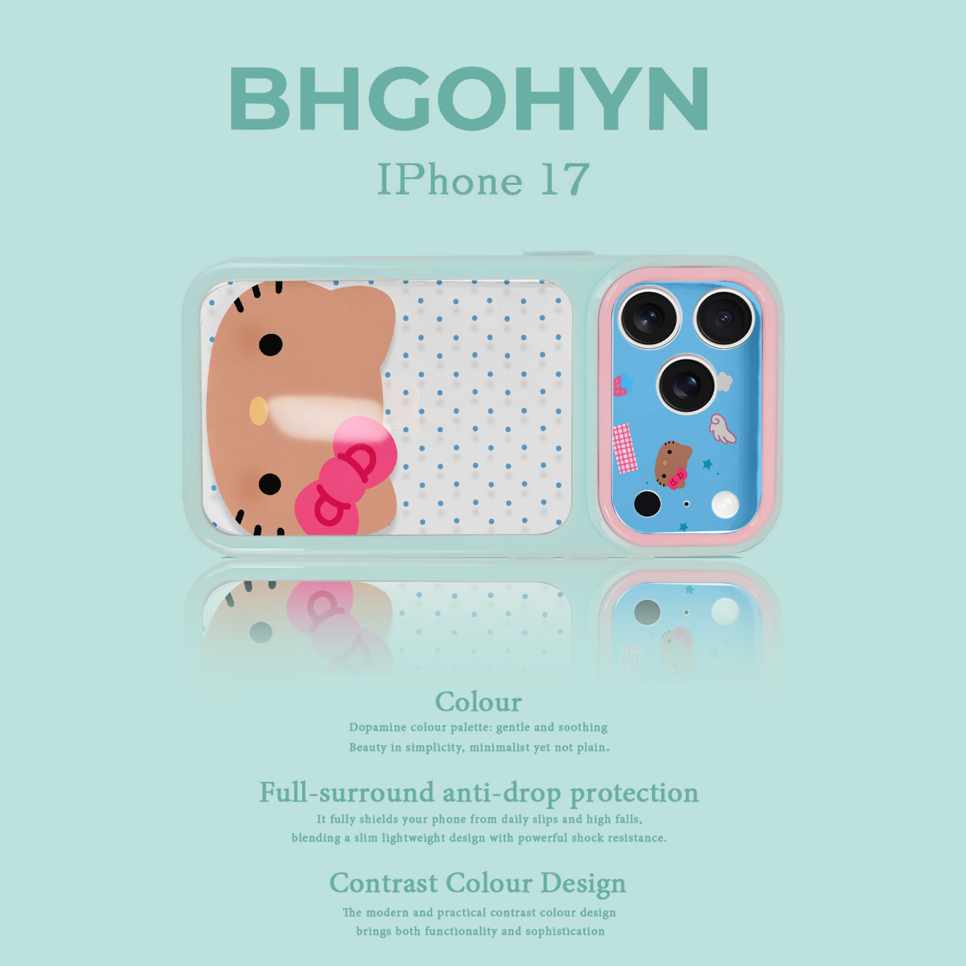 适用于苹果17手机壳新款透明撞色蓝波点猫iphone14/16pro外硅胶xs全包防摔15promax套网红高级感女可爱17PRO