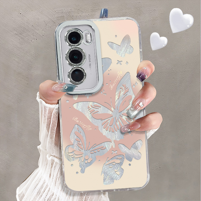 自带镜头膜适用OPPOReno12Pro手机壳水钻粉色蝴蝶高级感Reno9/10pro十外硅胶全包防摔新款女opporeno11pro套